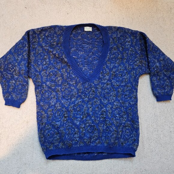 Vintage 80's Benetton Sweater Blue Gray Deep V-Neck Made in Italy XL EU 48 - Picture 2 of 9
